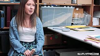 tattooed shop teen spreads pussy wide for deep office pounding