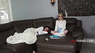 Cute nerdy stepdaughter moans loud fucking stepdad to distract him fully
