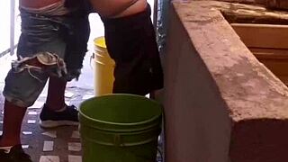 Friend sneaks anal creampie in ass while she washes clothes