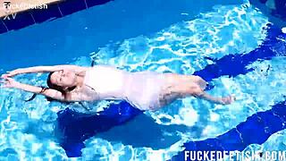 yessica bunny's shaved pussy glistens wet underwater with small tits bouncing