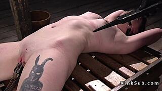 Bound Red-Skinned Slave Hogtied Choked Deepthroated Fingered and Whipped in BDSM Dungeon