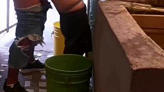 Friend sneaks anal creampie in ass while she washes clothes