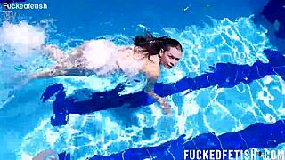 yessica bunny's shaved pussy glistens wet underwater with small tits bouncing