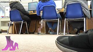 wife sneaks shoeplay in library with flats coffee nylon socks hidden cam