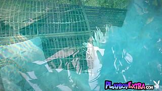 ebony babe julie kay strips naked posing her big tits by pool