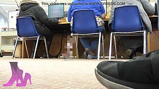 wife sneaks shoeplay in library with flats coffee nylon socks hidden cam