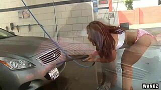 Savannah the carwash hottie drops to knees for rough blowjob and hardcore pounding