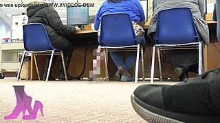 wife sneaks shoeplay in library with flats coffee nylon socks hidden cam