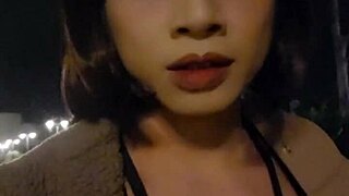 Whoa shemale Ting Xuan bares it all in public garden heels!