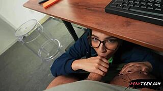 PervTeen 18+ Sneakily Deepthroats Under Classroom Table - Glasses and Hairy Thrills