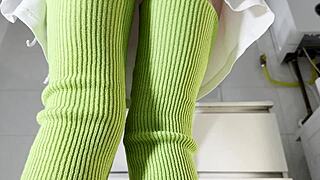 hot college brunette in mini skirt and knee socks flashes panties in bathroom