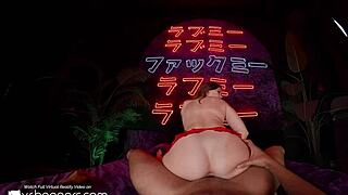 Sexy flexible babe deepthroats then rides cock anally in red light strip.