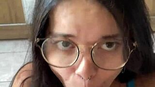 nerd morena's deepthroat on wellington prado's huge cock from behind mirror in jean shorts