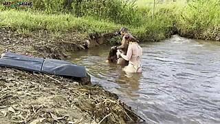 Sunlit River Duo Suck Ride Creampie Interracial Surprise