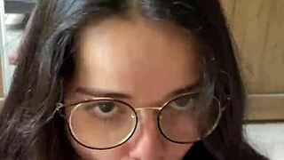 nerd morena's deepthroat on wellington prado's huge cock from behind mirror in jean shorts