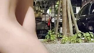 Ladyboy Exposes Legs Outdoors in Flats, Cums Wildly on Them!