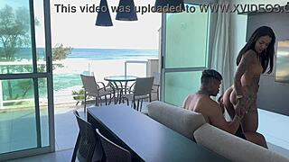 Ebony bodybuilder Latina returns from beach horny rides muscular cock to orgasm