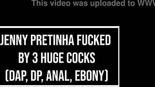 Beautiful ebony princess Jenny Pretinha's perfect tits bounce during DAP DP anal gape by 3 monster BBCs.