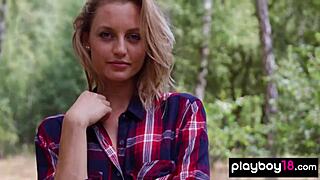 Skinny blonde July Miller rips clothes bares shaved pussy forest