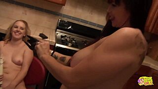 Busty Blonde Brunette Strapon Fuck Fest In Kitchen Turns Wild With Toys