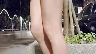Ladyboy Exposes Legs Outdoors in Flats, Cums Wildly on Them!