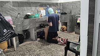 Stepsister stuck showing off her sexy brown ass in kitchen closeup