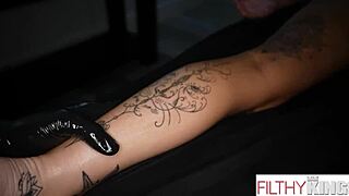 Tattooed brunette gets oiled massage then fucked hard in cowgirl and doggystyle