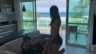Ebony bodybuilder Latina returns from beach horny rides muscular cock to orgasm