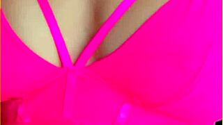 Aussie housewife flashes perfect big tits in hot pink lingerie exhibitionist style