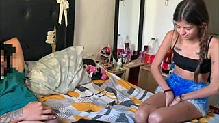 Skinny Tanned Colombian Stepsis Catches Me Masturbating Then Joins For Interracial Lingerie Fuck Spitting Kisses.