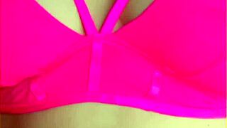 Aussie housewife flashes perfect big tits in hot pink lingerie exhibitionist style