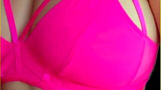 Aussie housewife flashes perfect big tits in hot pink lingerie exhibitionist style