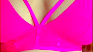 Aussie housewife flashes perfect big tits in hot pink lingerie exhibitionist style