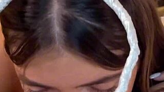 18yo brunette teen practices sloppy deepthroat on monster cock pov