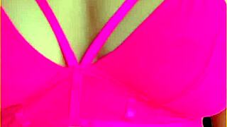 Aussie housewife flashes perfect big tits in hot pink lingerie exhibitionist style