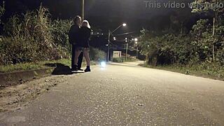 blonde slut drops to knees for street blowjob as police watch nearby