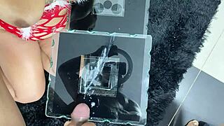 Nasty brunette milf eats huge cum loads from pov handjob blowjobs