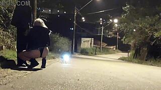 blonde slut drops to knees for street blowjob as police watch nearby