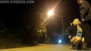 blonde slut drops to knees for street blowjob as police watch nearby