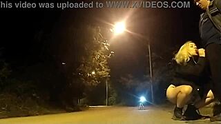 blonde slut drops to knees for street blowjob as police watch nearby