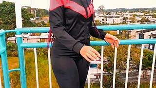 horny petite redhead with huge ass fucks for cash outdoors in public spot