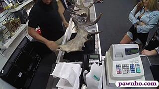 couple of lesbians get hammered by pawn guy in the back storage