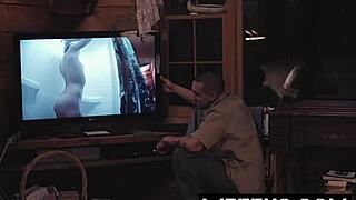 petite blonde gags on cock in haunted shower then creampie tits