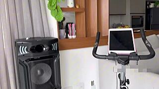 brazilian fitness babe pedals bike flashing cute ass while teasing dildo in lingerie