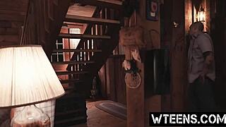 petite blonde gags on cock in haunted shower then creampie tits