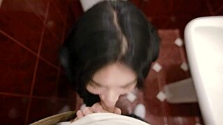 public toilet creampie without condom deep in shaved teen pussy doggystyle pov moaning