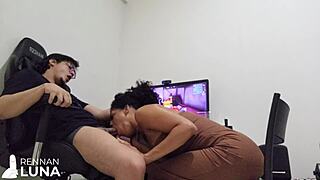 playful young brazilian slut interrupts nerds game riding huge cock