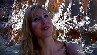 naive blonde thinks it's glamour shoot until big cock stretches her outdoors