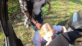 girlfriend loses bet sucks stranger's huge cock in forest ends in epic facial