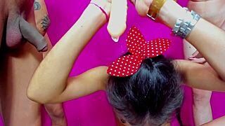 young latina sluts deliver double blowjobs deepthroating wet dildos in orgy